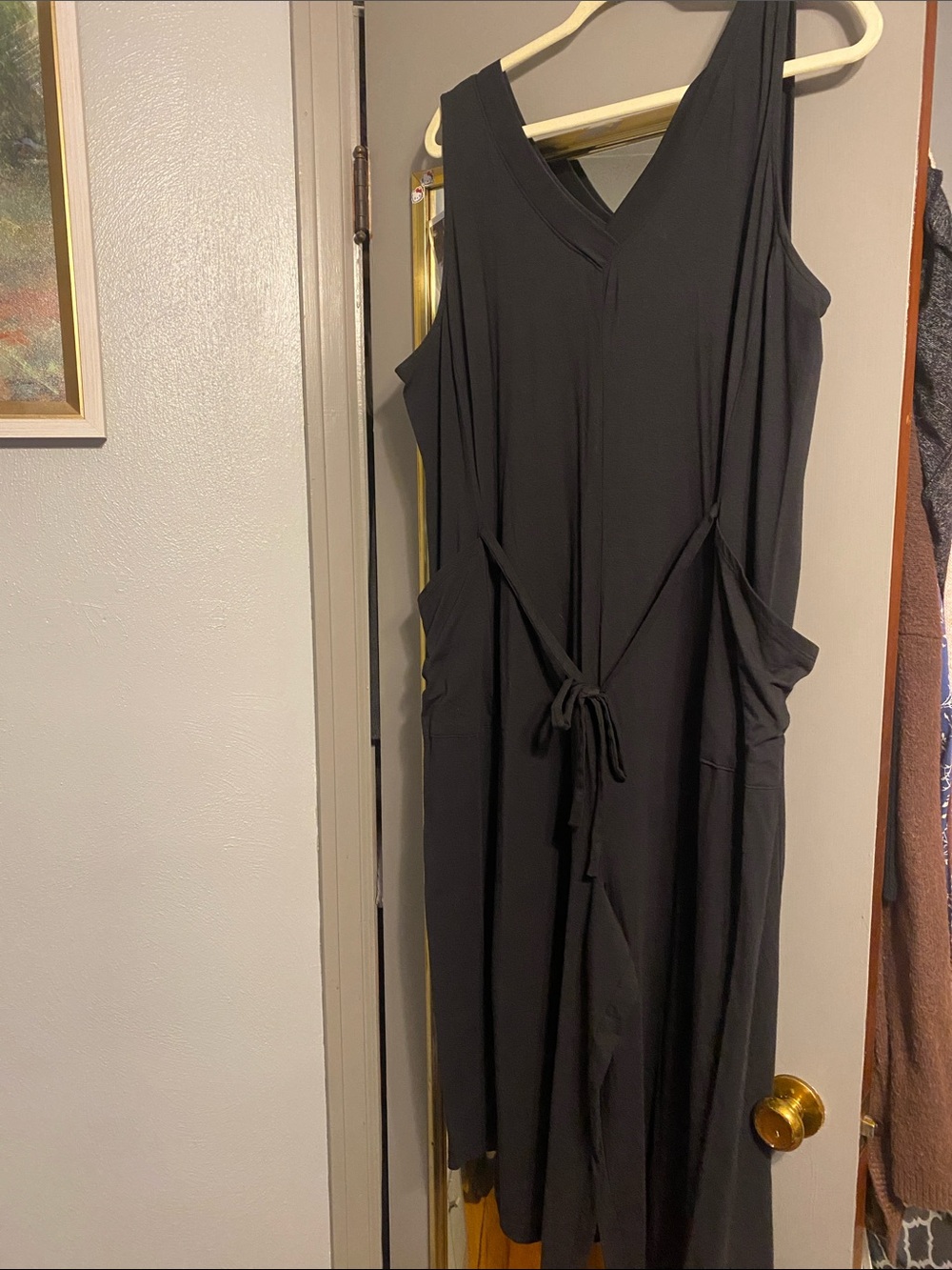 AnyBody Black V-Neck Sleeveless Jumpsuit with Waist Tie